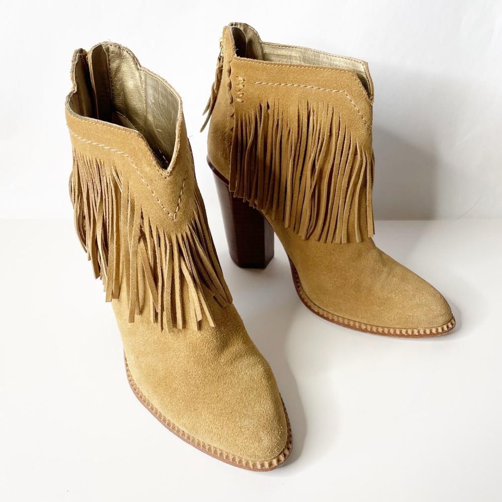Anthropologie Cynthia Vincent Suede Fringe Cognac Block Heel Ankle Bootie